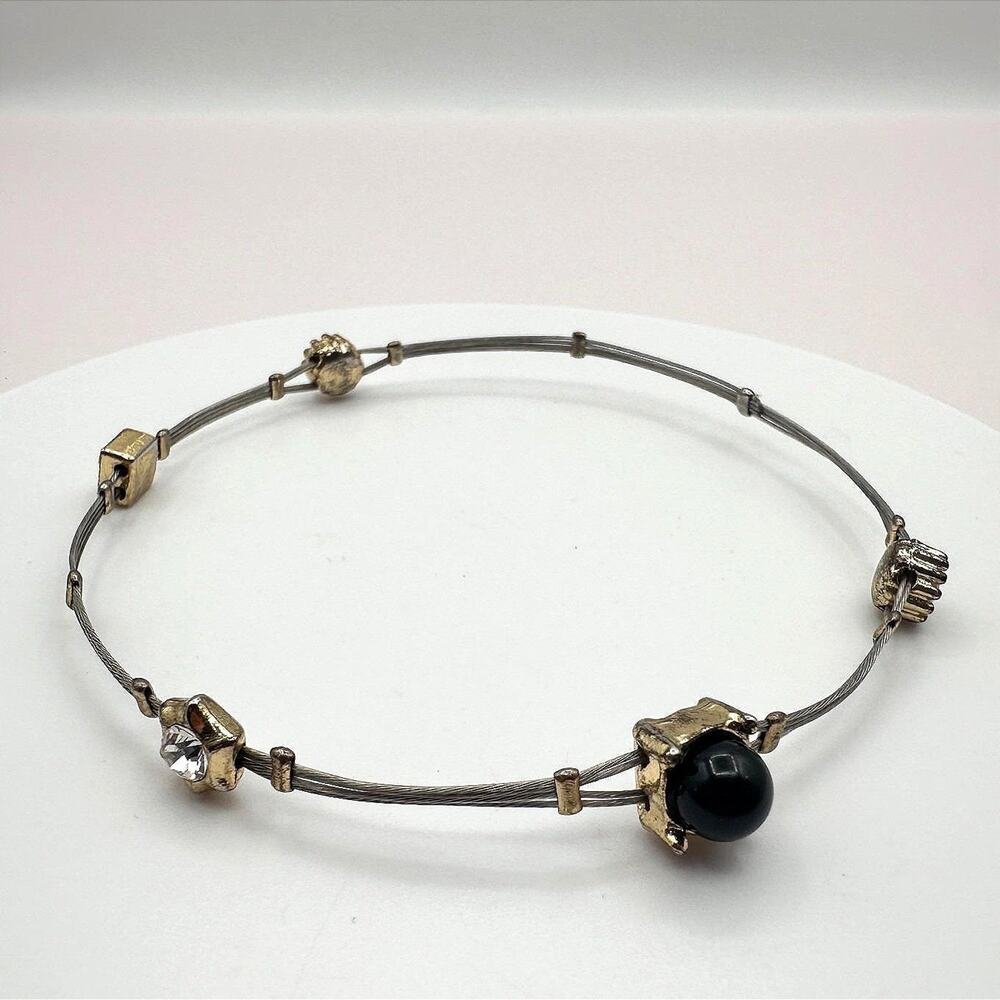 Vintage 90s Metal Cable Bangle Bracelet Black & Clear Glass Fashion Jewelry